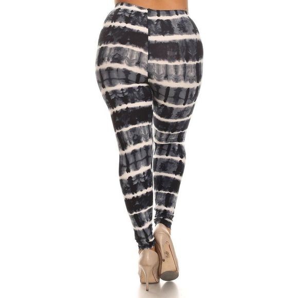 (Plus) Curvy Navy Blue and Gray Tie Dye Pattern Print Leggings - Picture 3 of 5